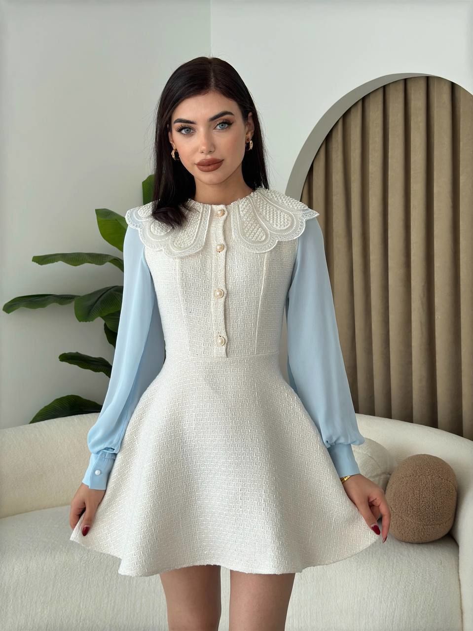 Vintage Bebe Yaka Ekru Mavi Özel Tasarım Tüvit Kadın Elbise
