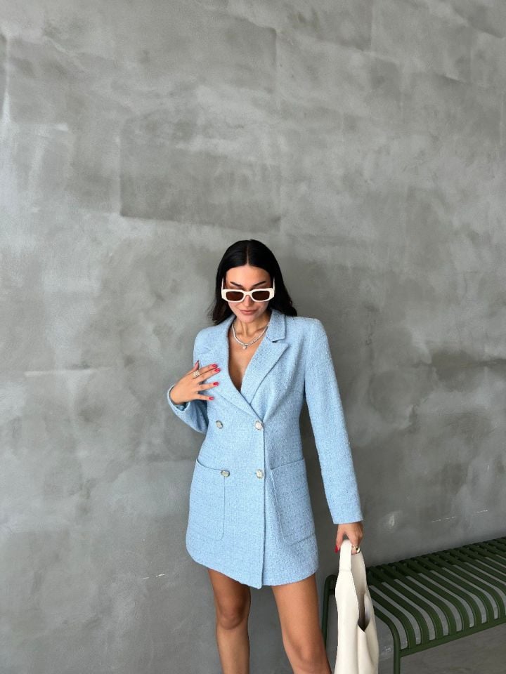 Tüvit kumaş mavi mini ceket elbise