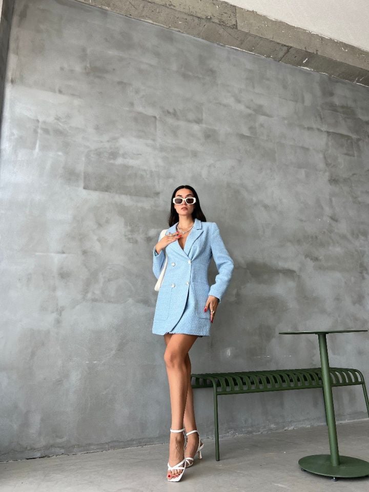 Tüvit kumaş mavi mini ceket elbise