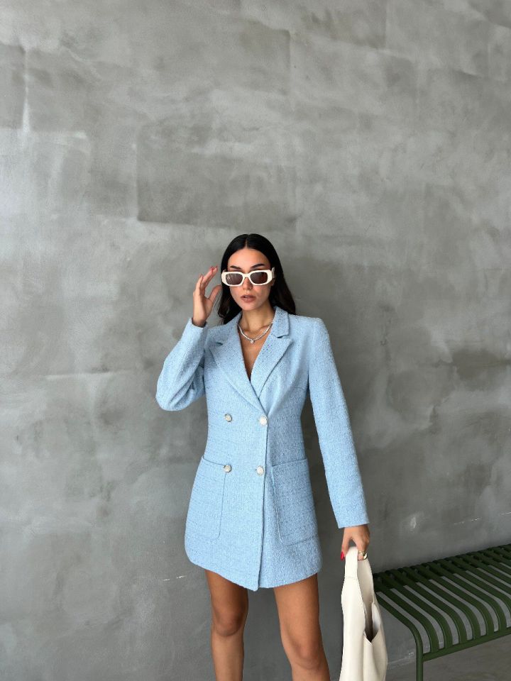 Tüvit kumaş mavi mini ceket elbise