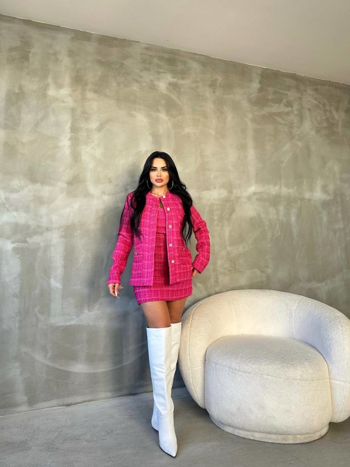 Pembe tüvit kumaş mini elbise - ceket takım