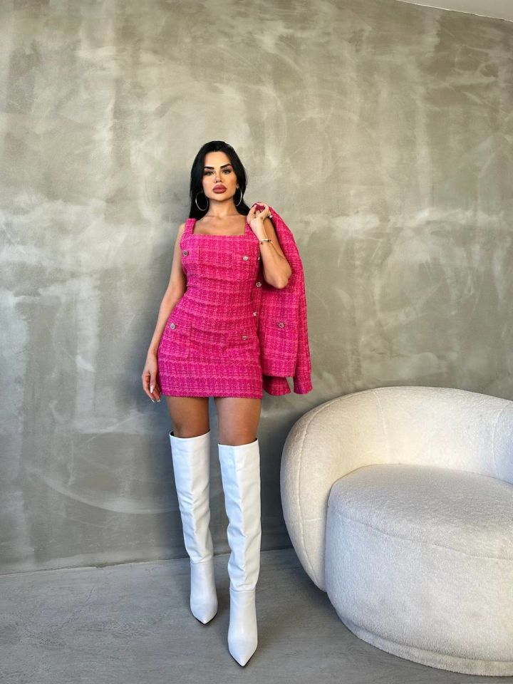 Pembe tüvit kumaş mini elbise - ceket takım