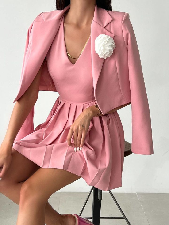 Pembe Atlas Kumaş Ceket Elbise Takım