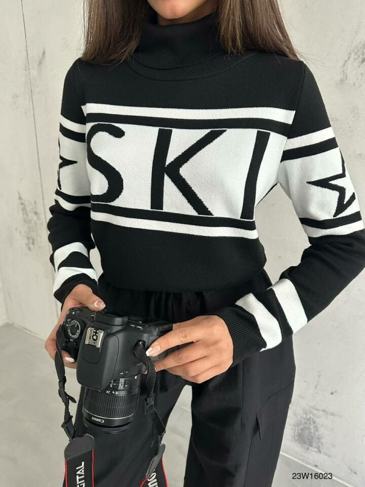 Ski baskılı Siyah Beyaz Pamuk Özel Üretim Kazak