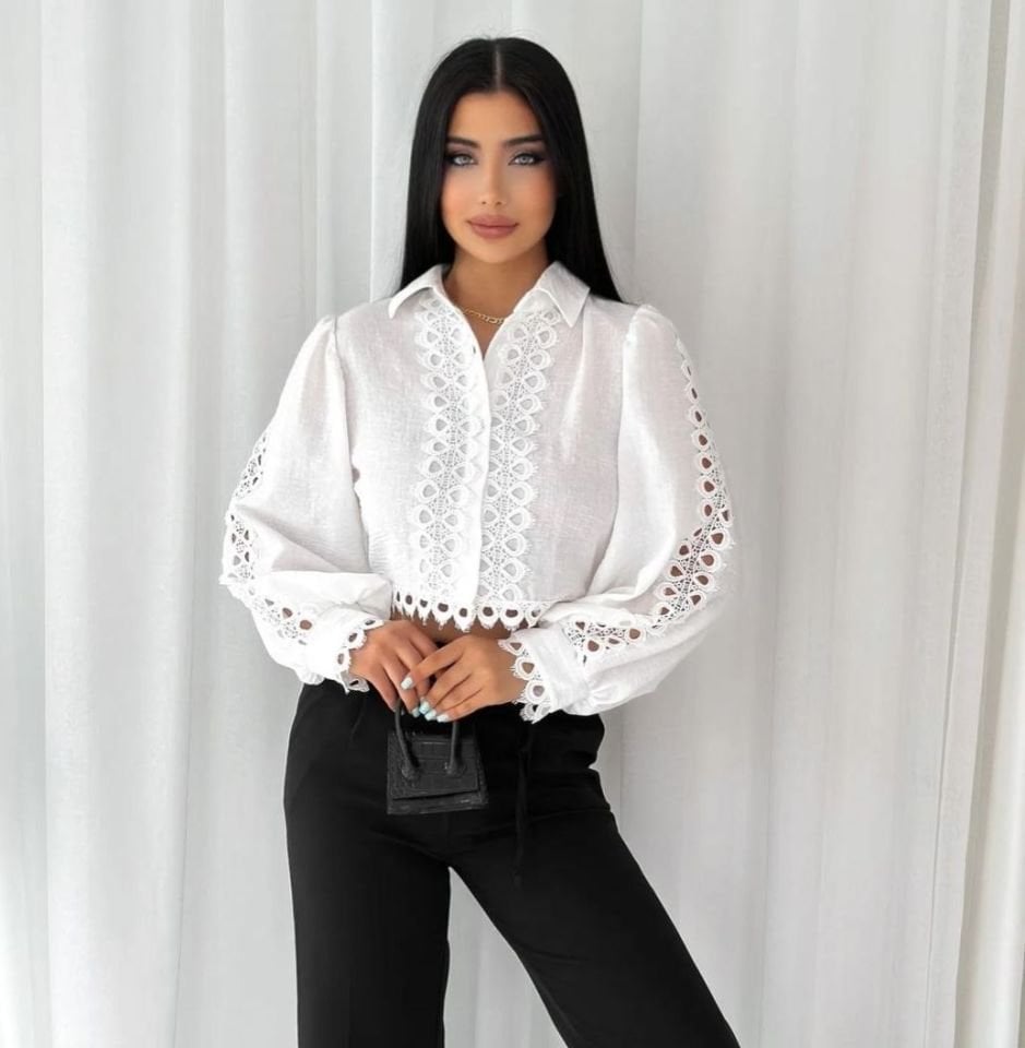 Dantel Güpür Detaylı Crop Beyaz Gömlek