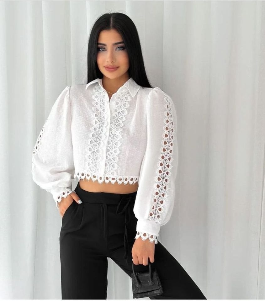 Dantel Güpür Detaylı Crop Beyaz Gömlek