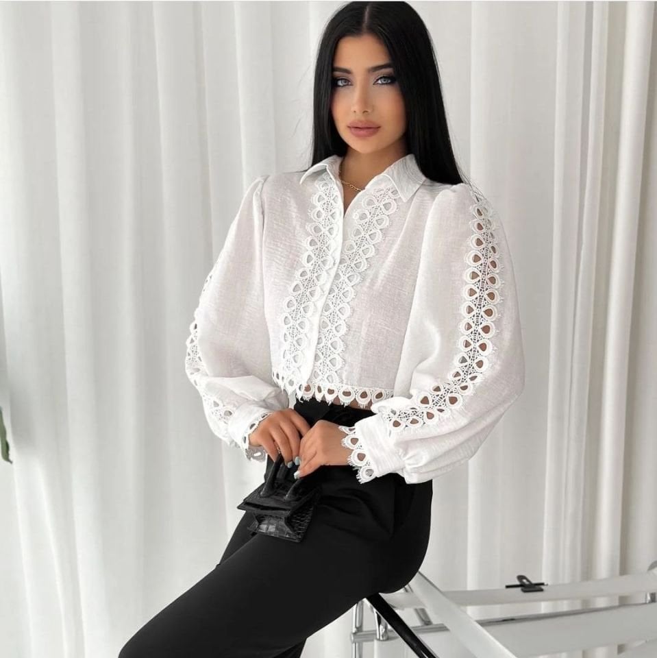 Dantel Güpür Detaylı Crop Beyaz Gömlek