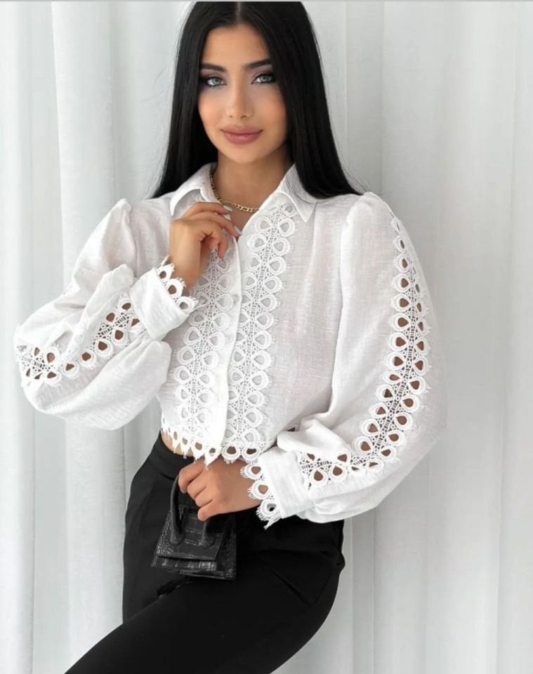 Dantel Güpür Detaylı Crop Beyaz Gömlek