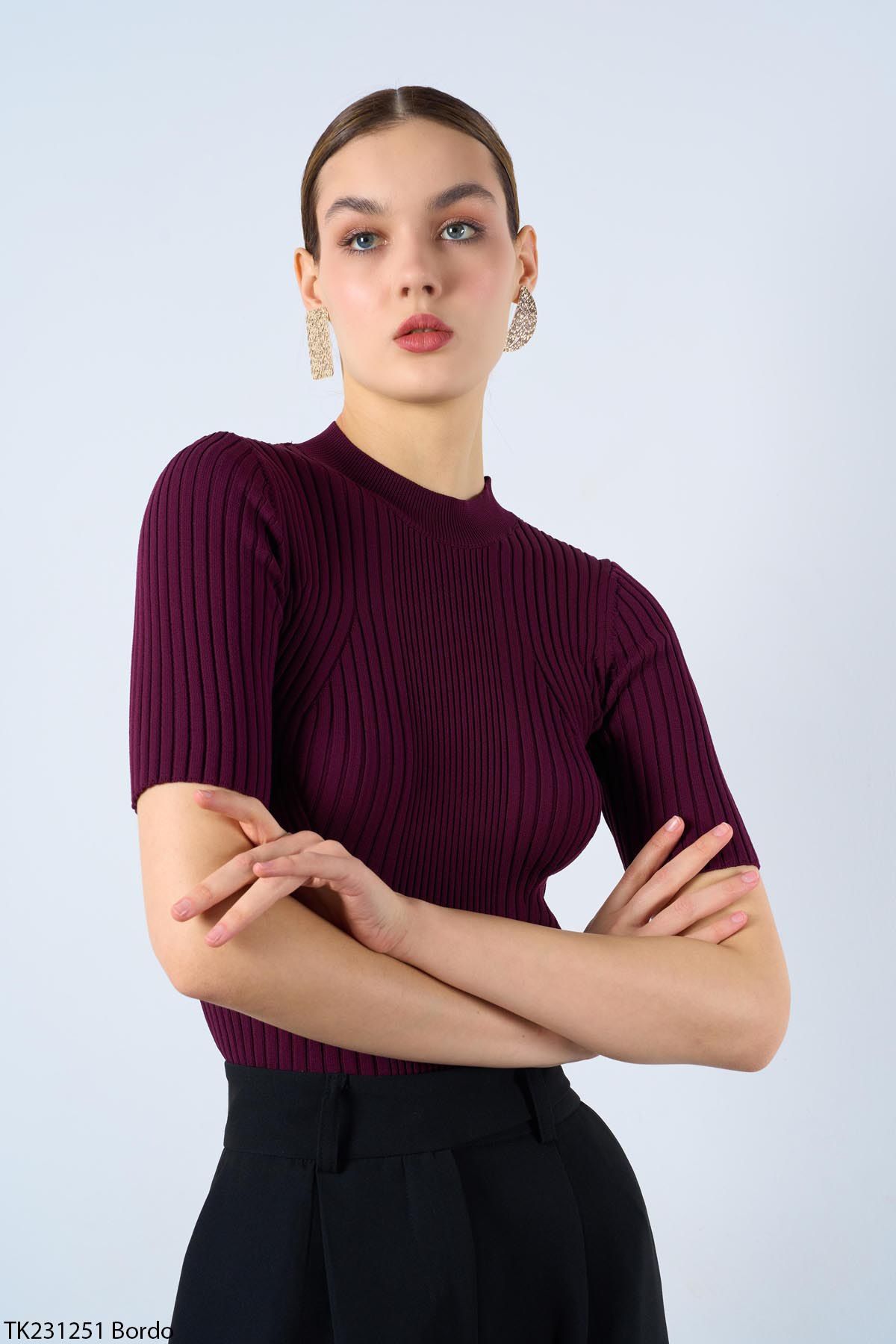 Yumuşak Dokulu Kısa Kollu Triko Bordo Gri