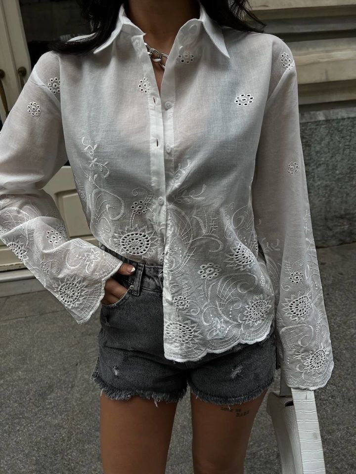 Güpür Dantelli Poplin Beyaz Gömlek
