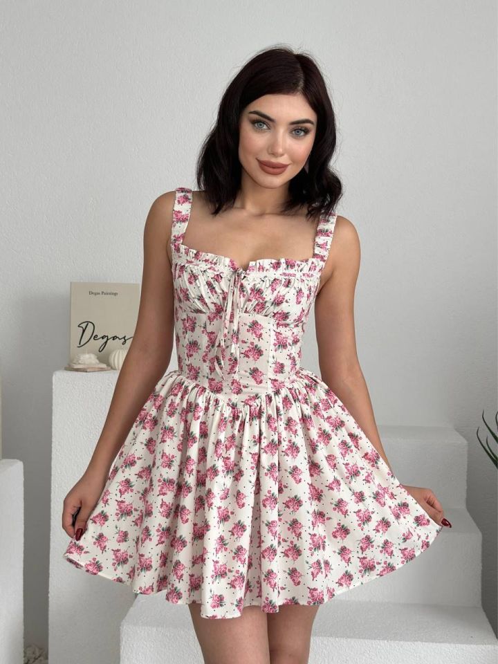 Pembe Çiçekli Askılı Mini Elbise